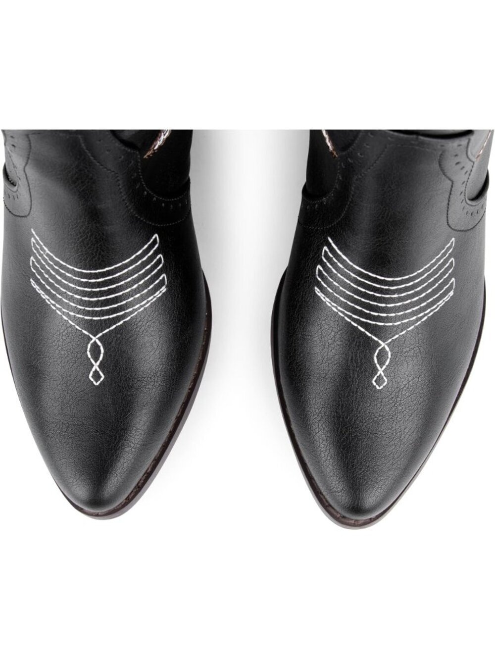 Women’s Black Pull-On Mid-Calf Cowboy Boots Pointed Toe Embroidered Chunky Heel - Picture 5 of 6